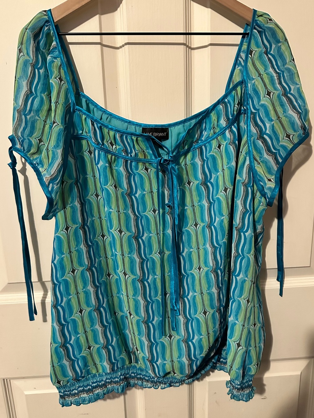 Lane Bryant | Top | Lane Bryant Blue-Green Patterned Short Sleeve Blouse - Picture 1 of 8